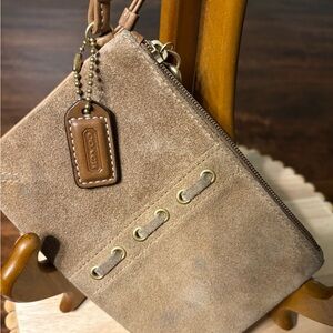 Coach Tan Suede Wristlet Clutch with Leather Trim